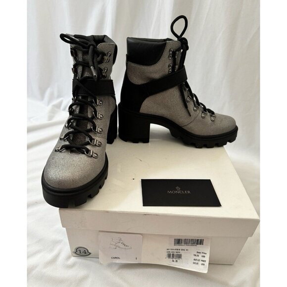 $780 NEW MONCLER Carol Slv Shimmery Lace Up Ankle Strap Combat Boots Gray 39